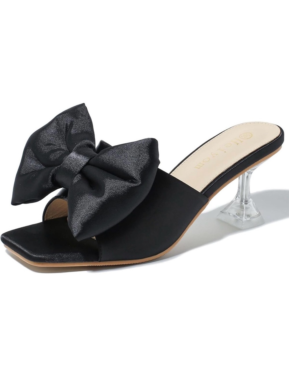 Heiyom Women’s Black Bow Slide Mules with Clear Heels - Euro Size 46; US Size 12